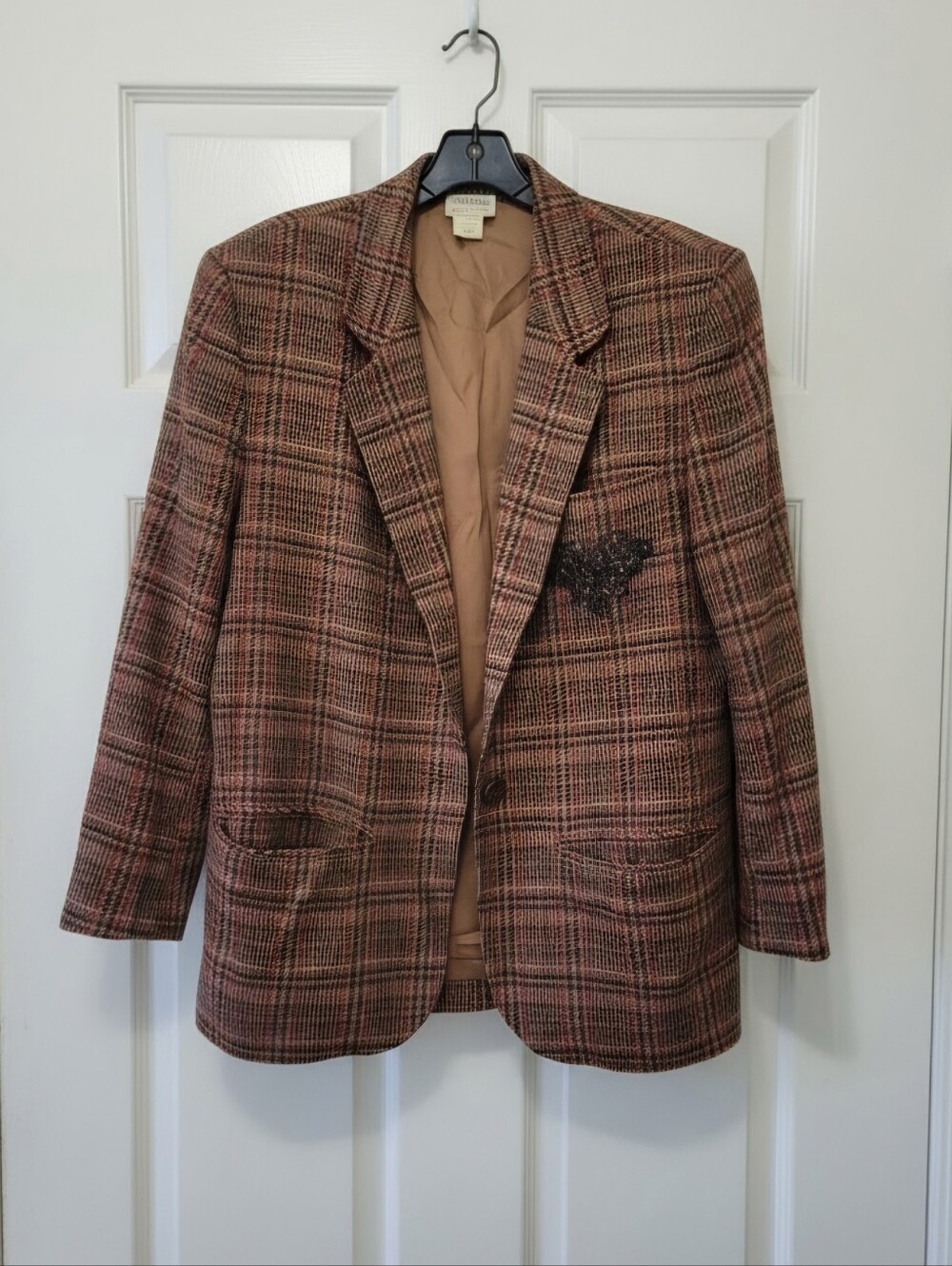 Vintage Saks Fifth Avenue Beaded Plaid Blazer Jacket Size Medium Brown Rust